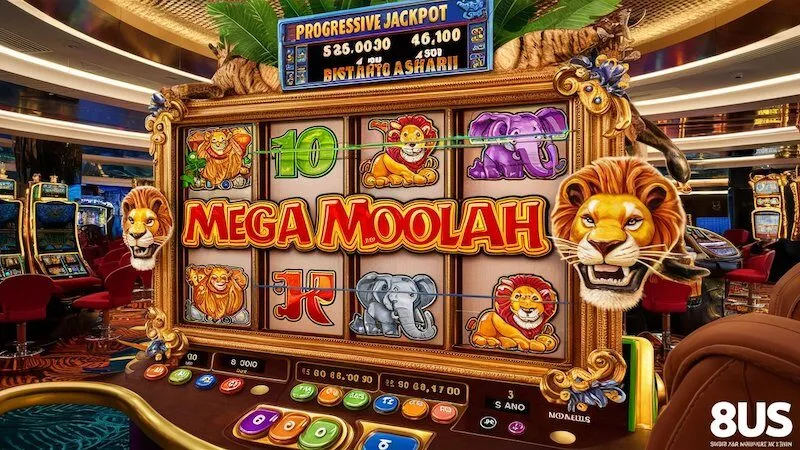 Màn hình game slot Mega Moolah với biểu tượng may mắn và jackpot tiền thưởng hấp dẫn